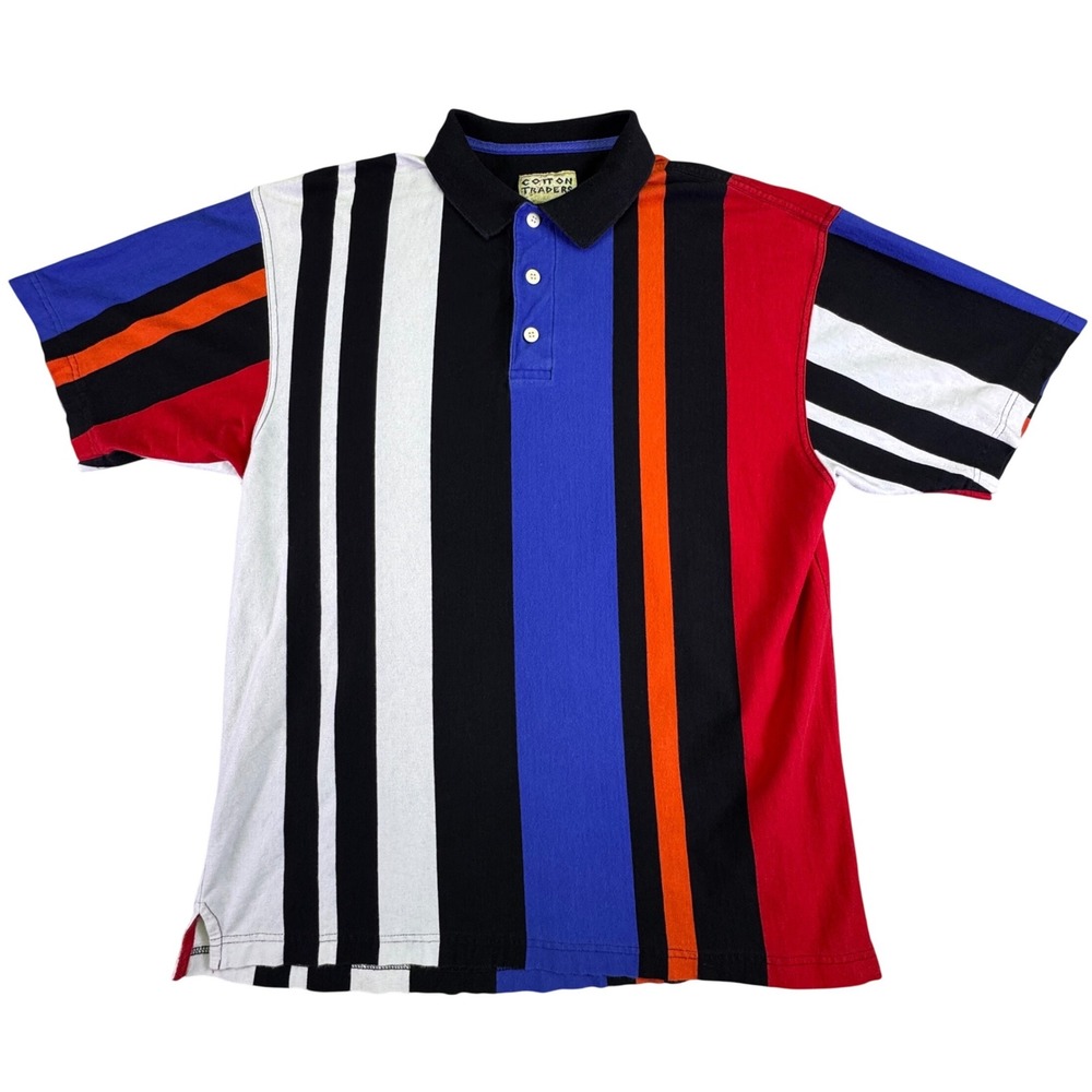 Cotton Traders Polo‎ Shirt Men's Large Vintage Multi Color Stripe Short Sleeve